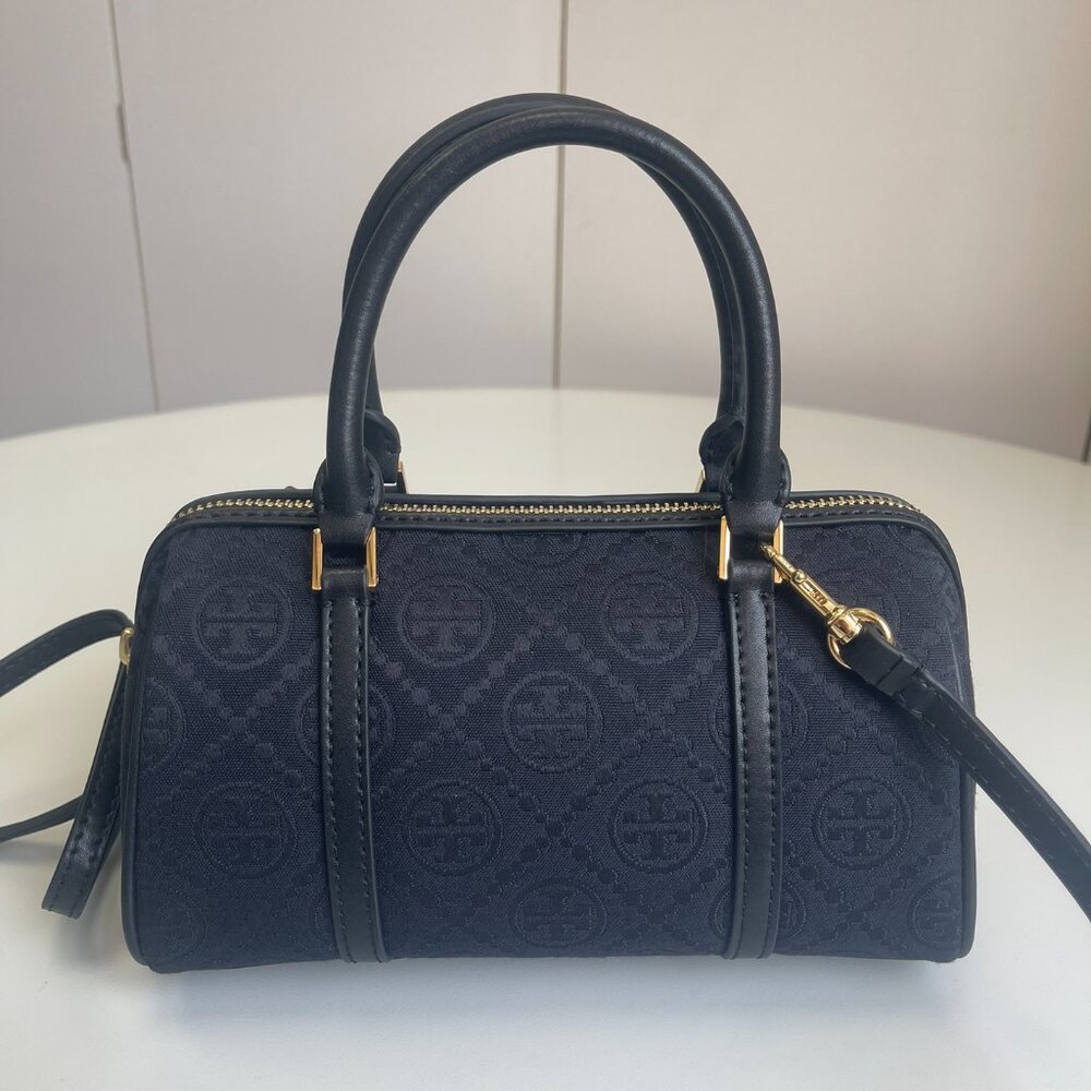 TORY BURCH T MONOGRAM PEBBLED PETITE BARREL BAG